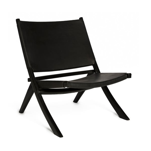 Черен стол със структура от тиково дърво и седалка от кравешка кожа - Simla