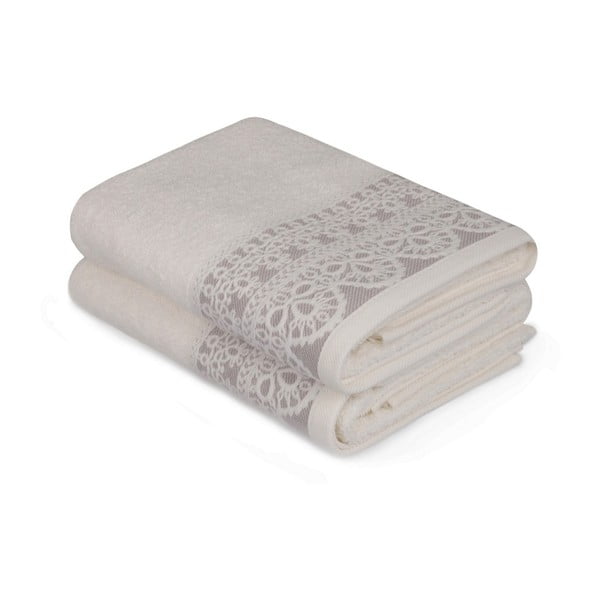Комплект от две бели кърпи с бежов детайл Romantica, 90 x 50 cm - Soft Kiss