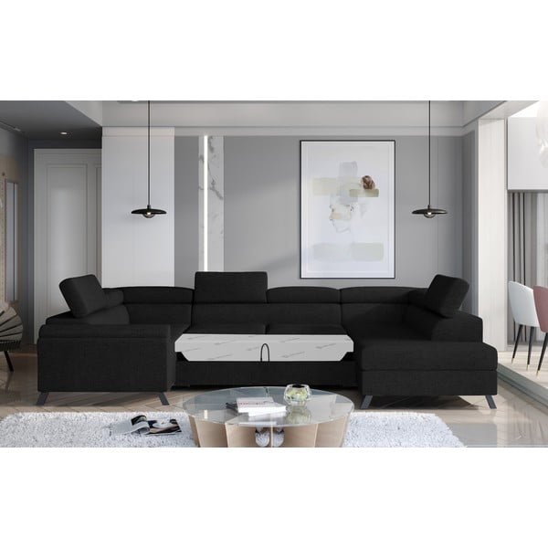 Черен разтегателен ъглов диван с място за съхранение (десен ъгъл U форма) Escada – ELTAP-image-1
