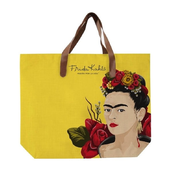 Жълта платнена чанта с дръжка от изкуствена кожа, 55 x 40 cm Frida Roses - Madre Selva