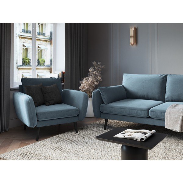 Светлосиньо кадифено кресло с черни крака Lento - Kooko Home-image-1