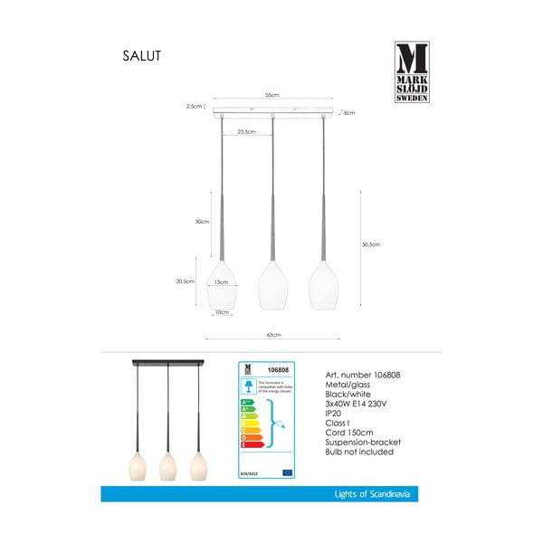Бяло и черно висящо осветително тяло със стъклен абажур Salut – Markslöjd-image-2