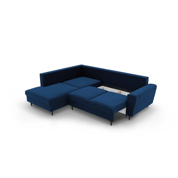 Син кадифен разтегателен ъглов диван с място за съхранение (ляв ъгъл/L форма) Kyoto – Cosmopolitan Design-image-3