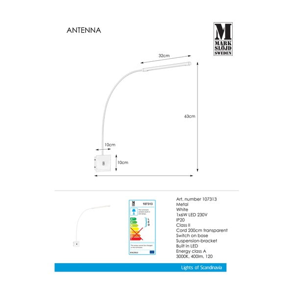 Бяла стенна лампа 1L Antenna - Markslöjd-image-2
