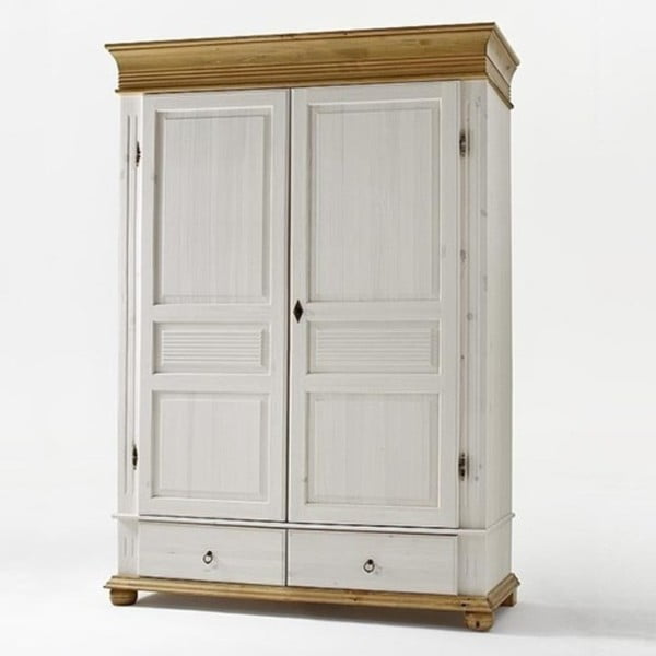 Vysoká bílá dvoudveřová šatní skříň z borovicového dřeva SOB Harald