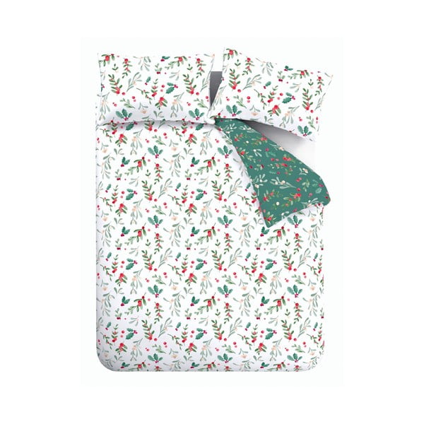 Бяло-зелено двойно удължено фланелено спално бельо 230x220 cm Holly and Mistletoe – Catherine Lansfield