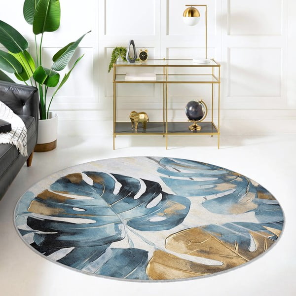 Син кръгъл килим подходящ за пране ø 80 cm Golden Leaves – Mila Home-image-3