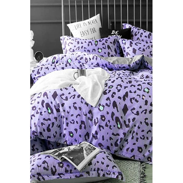 Лилав удължен памучен чаршаф за двойно легло от четири части 200x220 cm Leopard – Mila Home