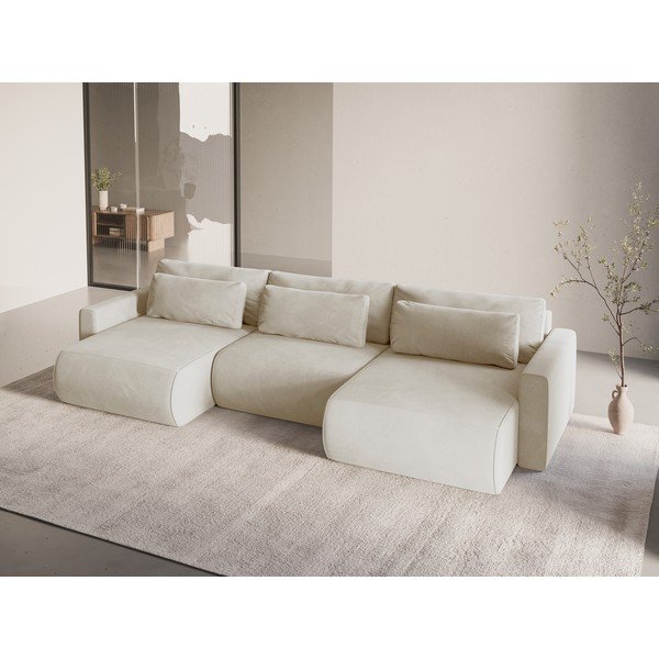 Бежов кадифен разтегателен ъглов диван с място за съхранение (U форма) Belfast – Cosmopolitan Design-image-1