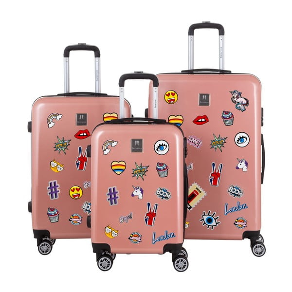 Комплект от 3 стари розови куфара за пътуване със стикери - Berenice