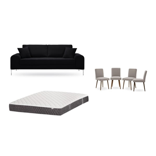 Комплект от триместен черен диван, 4 сиво-бежови стола и матрак 160 x 200 cm - Home Essentials