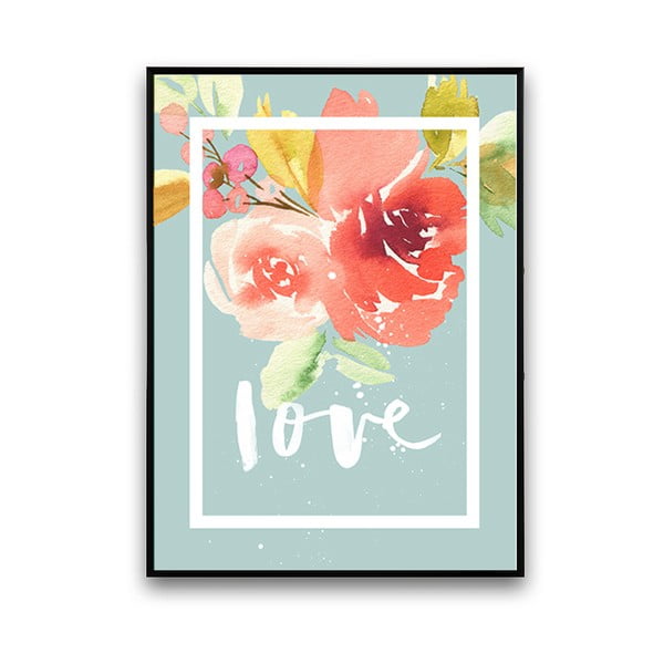 Plakát s květinami Love, modré pozadí, 30 x 40 cm