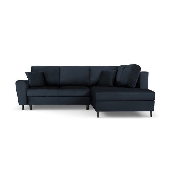 Тъмносин кадифен разтегателен ъглов диван с място за съхранение (десен ъгъл/L форма) Kyoto – Cosmopolitan Design
