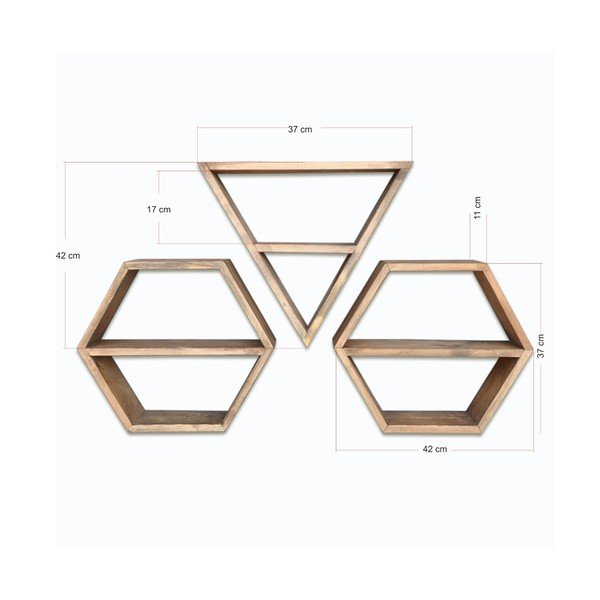 Комплект от 3 дървени стенни рафта Hexa - Evila Originals-image-3