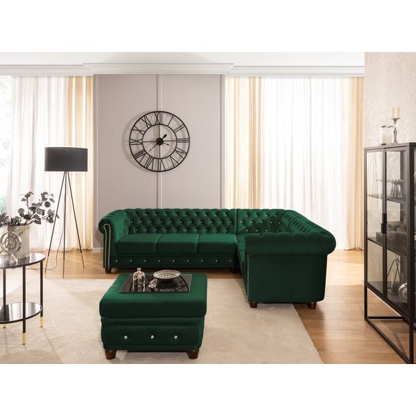 Зелен кадифен сгъваем ъглов диван (десен ъгъл/L форма) York Blik – Ropez-image-4