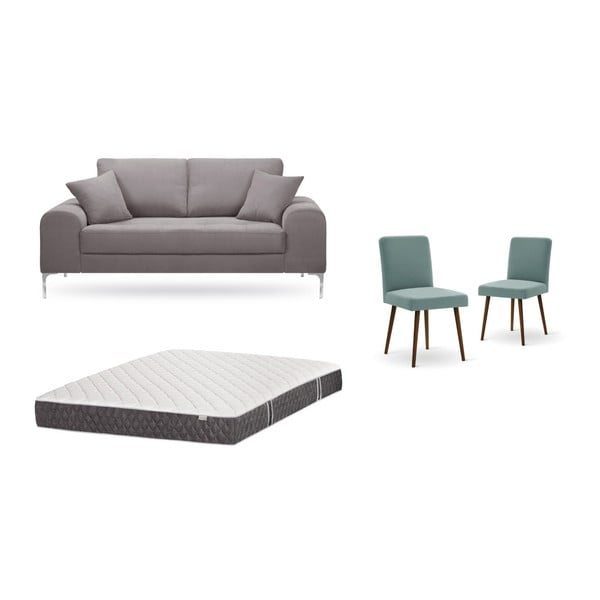 Комплект от двуместен кафяв диван, 2 сиво-зелени стола и матрак 140 x 200 cm - Home Essentials