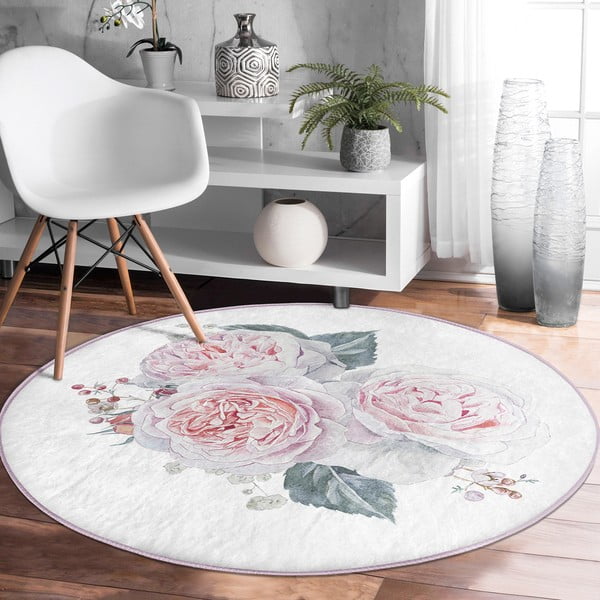 Бяло-розов кръгъл килим подходящ за пране и за прахосмукачки роботи ø 120 cm Comfort – Mila Home-image-1