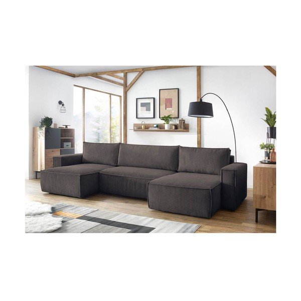 Кафяво-сив сгъваем ъглов диван от рипсено кадифе (U форма) Nihad – Bobochic Paris-image-1