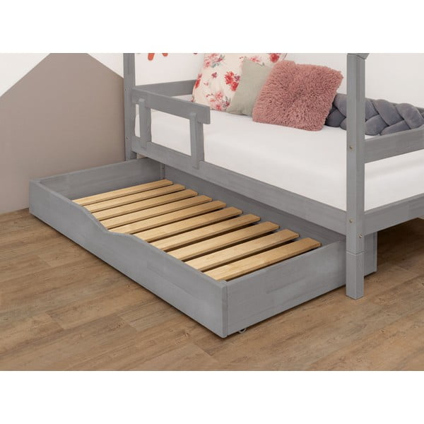 Сиво дървено чекмедже под леглото с решетка и пълно дъно Buddy, 90 x 180 cm - Benlemi