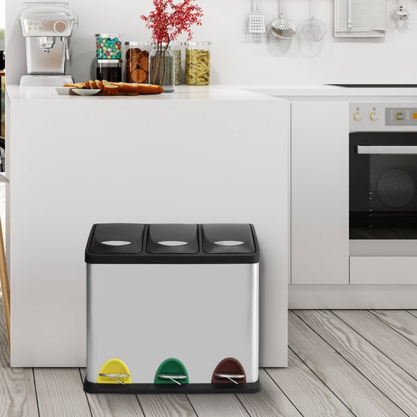 Стоманено кошче за боклук за рециклиране с педал в матово сребрист цвят 3x8 l Tri Selectif – MSV-image-1