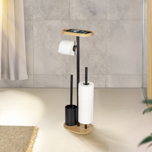 Стоманена поставка за тоалетна хартия стойка с четка в черен и естествен цвят Pomarolo – Wenko-image-1