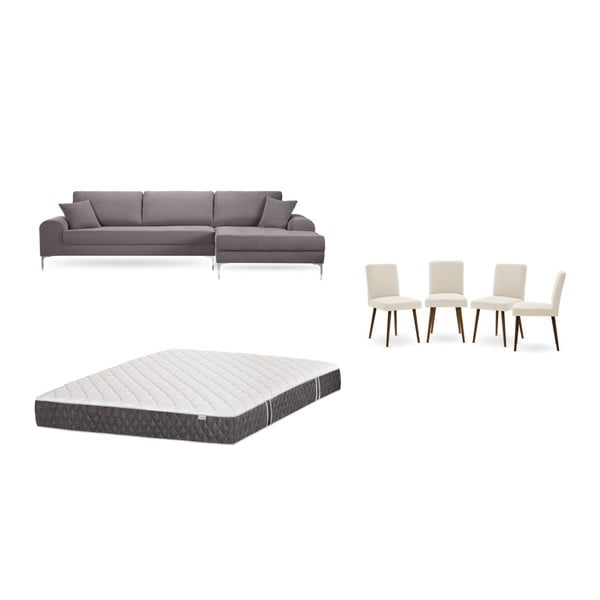 Комплект от кафяв диван с мързелив диван отдясно, 4 кремави стола и матрак 160 x 200 cm - Home Essentials