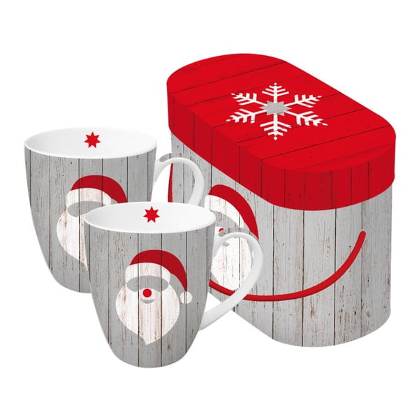 Комплект от 2 чаши от костен порцелан с коледен мотив в подаръчна кутия Santa On Wood, 350 ml - PPD