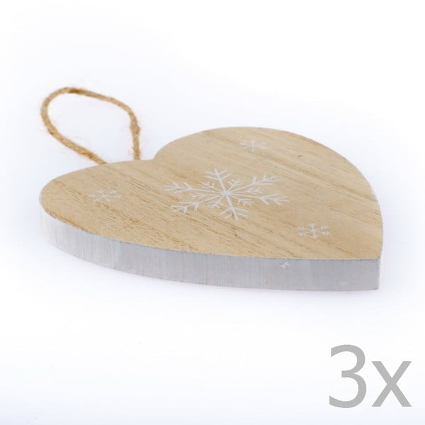 Комплект от 3 дървени висящи сърца от снежинки, височина 11 см - Dakls