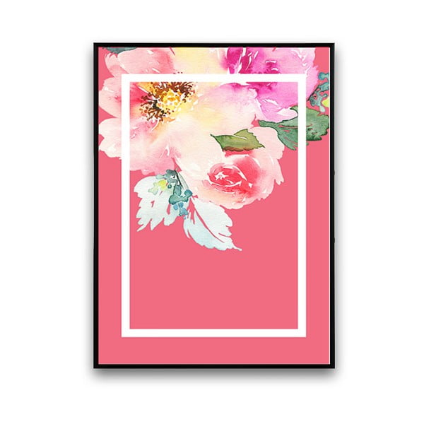 Plakát s květinami, růžové pozadí v bílém rámečku, 30 x 40 cm