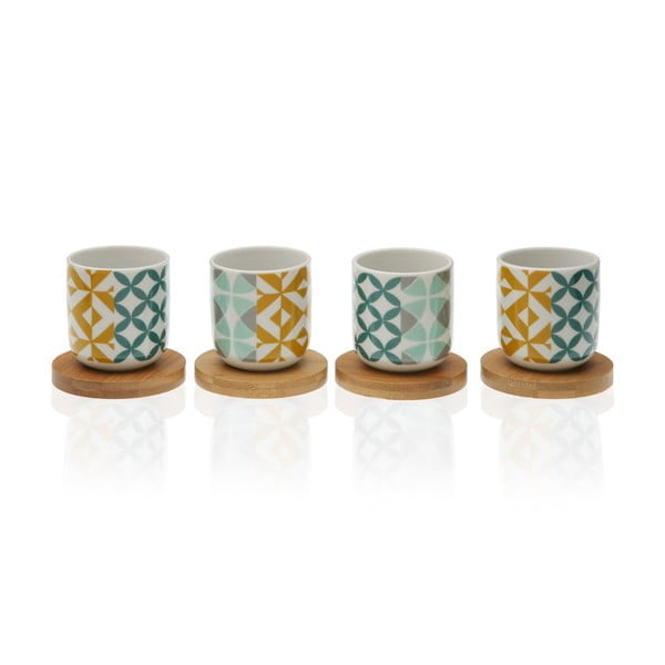 Комплект от 4 порцеланови чаши с бамбукови чинийки Aquamarina - Versa