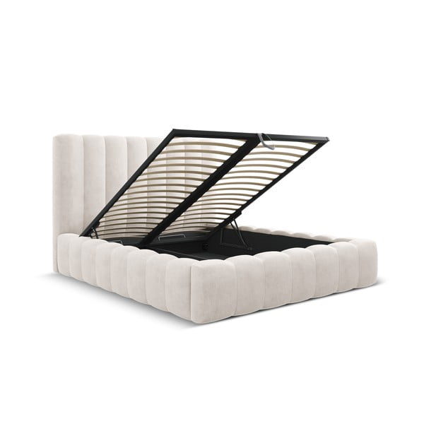Кремаво тапицирано двойно легло с място за съхранение с включена подматрачна рамка 180x200 cm Kelp – Micadoni Home-image-2
