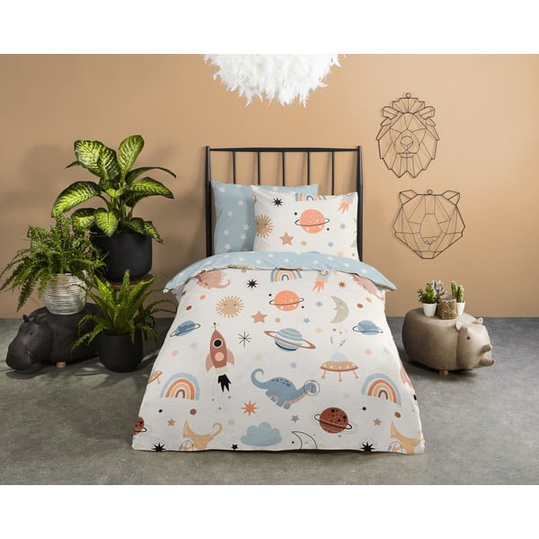 Синьо -бежово единично  памучно детско спално бельо 140x200 cm Eclips – Good Morning-image-1