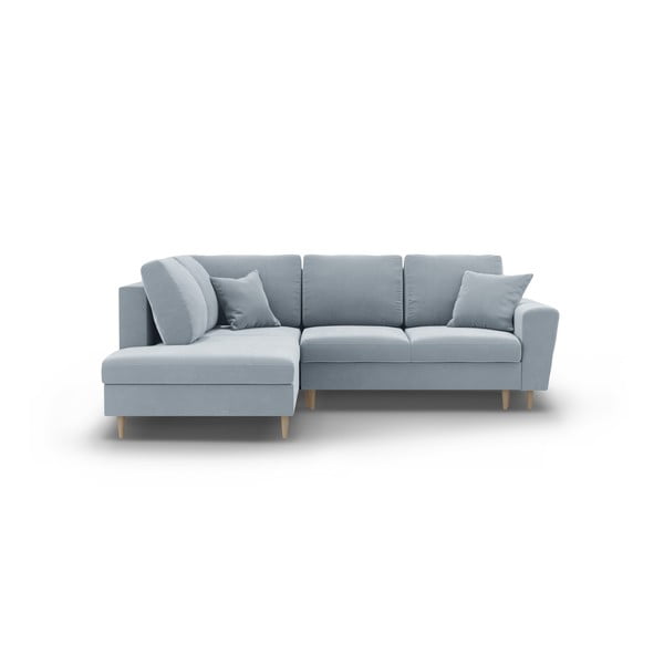 Светлосин кадифен разтегателен ъглов диван с място за съхранение (ляв ъгъл/L форма) Kyoto – Cosmopolitan Design