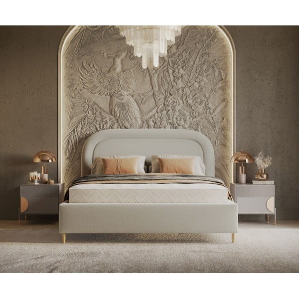Кремаво тапицирано двойно легло с място за съхранение с включена подматрачна рамка 160x200 cm Mija – Maison de Rêve-image-4