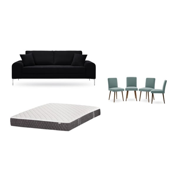 Комплект от триместен черен диван, 4 сиво-зелени стола и матрак 160 x 200 cm - Home Essentials