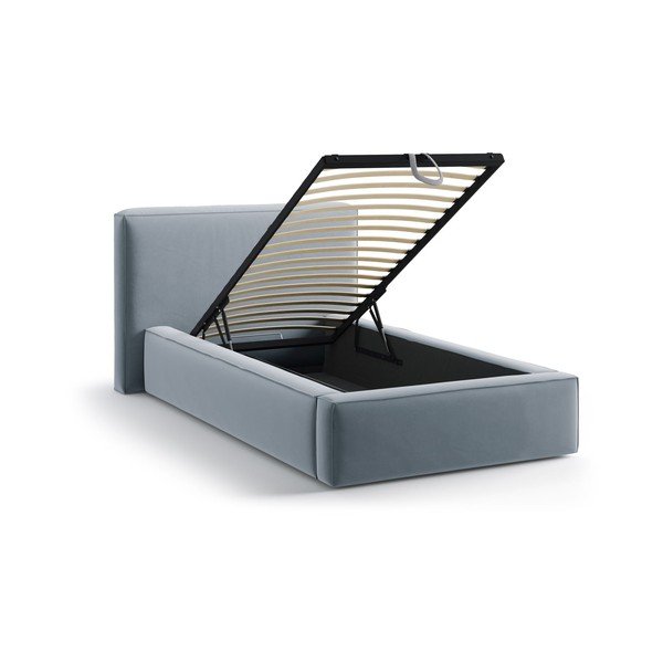 Светлосиньо единично легло 90x200 cm тапицирано с място за съхранение с включена подматрачна рамка Jodie – Micadoni -image-1
