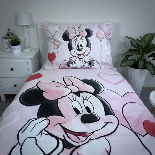 Розово единично  памучно детско спално бельо 140x200 cm Minnie "Balloon" – Jerry Fabrics-image-3