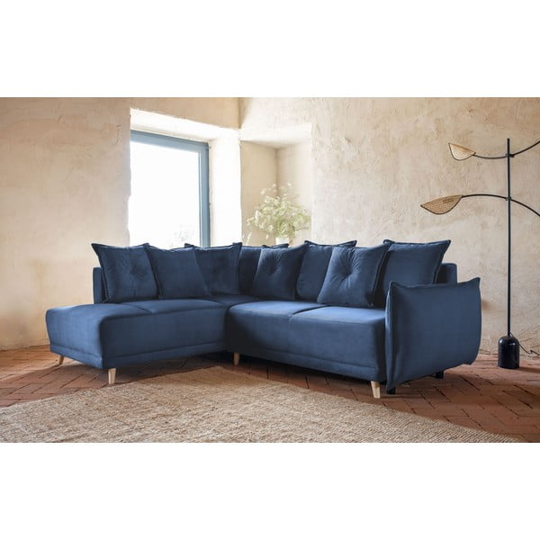 Тъмносин ъглов разтегателен диван от велур (ляв ъгъл) Lazy Lukka - Miuform-image-3