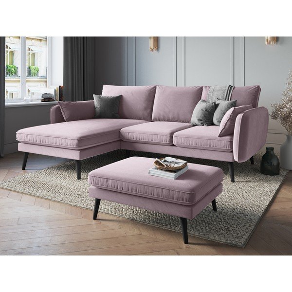 Светлорозово кадифено столче за крака с черни крака Lento - Kooko Home-image-1