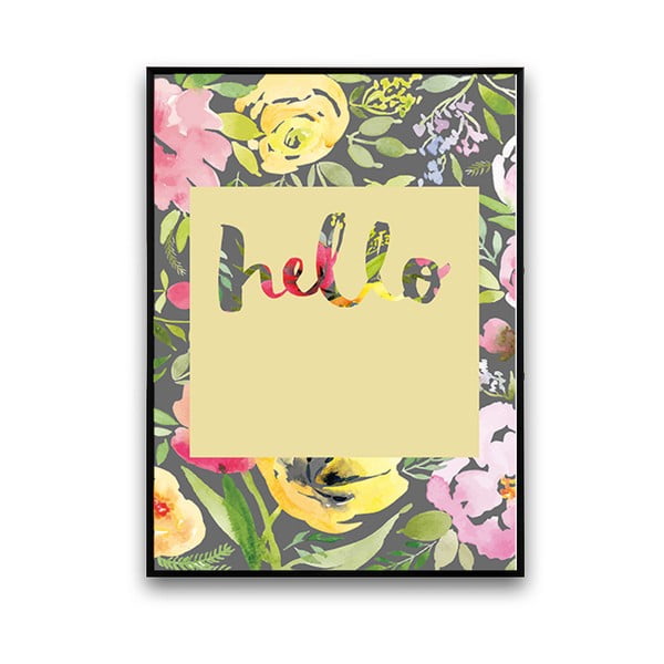 Plakát s květinami Hello, žluté pozadí, 30 x 40 cm