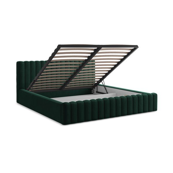 Тъмнозелено двойно легло 180x200 cm тапицирано с място за съхранение с включена подматрачна рамка Lemi – Makamii-image-3