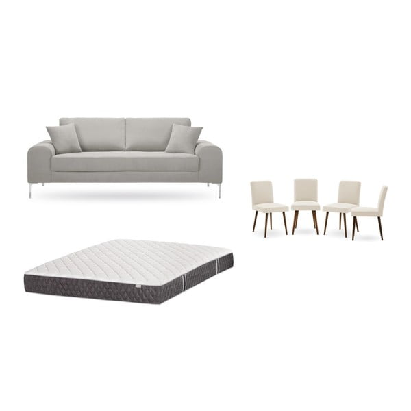 Комплект от триместен светлосив диван, 4 кремави стола и матрак 160 x 200 cm - Home Essentials