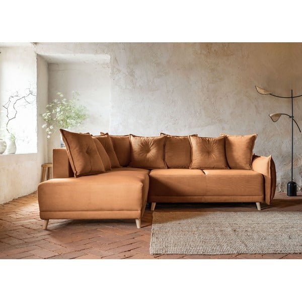 Разтегателен диван от велур в тухлен цвят (ляв ъгъл) Lazy Lukka - Miuform-image-1