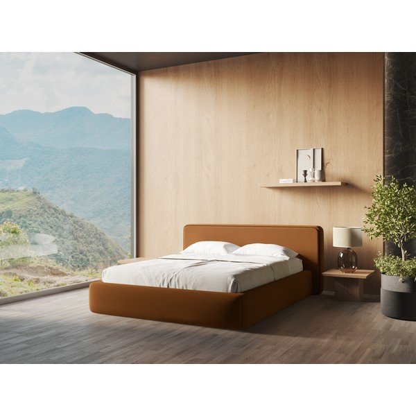 Двойно легло теракотено тапицирано с място за съхранение и включена подматрачна рамка 140x200 cm Kiana – Makamii-image-1