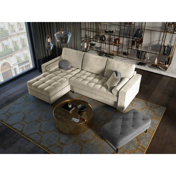 Бежов кадифен ъглов диван, ляв ъгъл Santo - Milo Casa-image-1