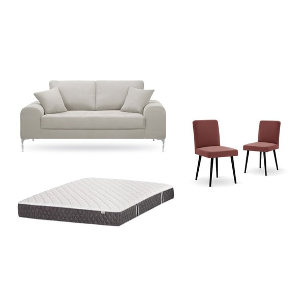 Комплект от двуместен кремав диван, 2 тухленочервени стола и матрак 140 x 200 cm - Home Essentials