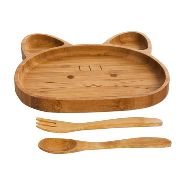 Комплект детска чиния и бамбукови прибори за хранене във формата на мече Kitty - Bambum