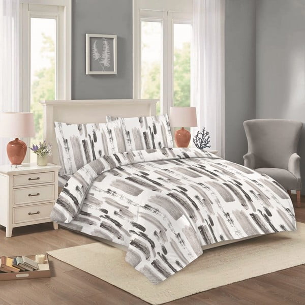 Бяло и сиво удължено памучно спално бельо за двойно легло 200x220 cm Nora - Cotton House