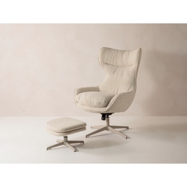 Бежов въртящ се фотьойл с табуретка от букле Kenzi – Micadoni -image-3
