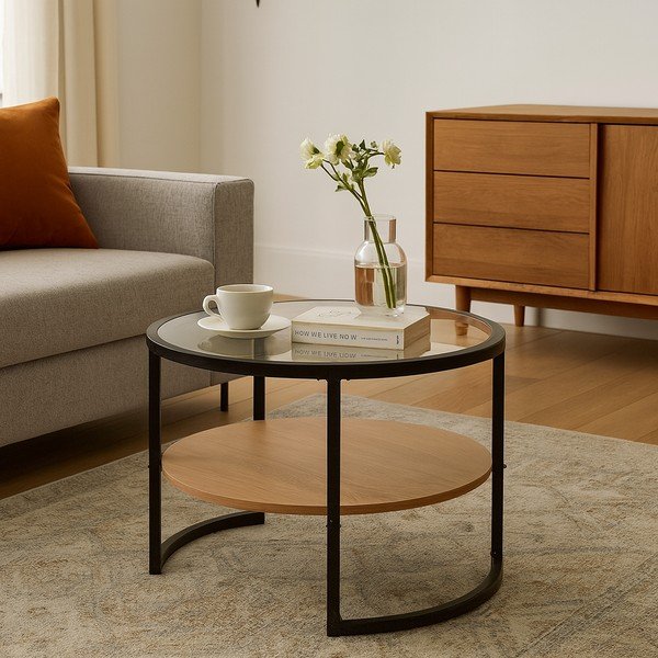 Черна/в естествен цвят кръгла масичка за кафе от декор от дъб  ø 68 cm Zanu – Bonami Essentials-image-1